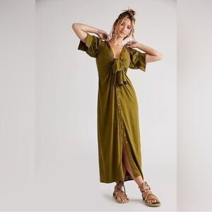 Free People Vintage Summer Midi Dress XS Dark Olive Green Button Down VGUC